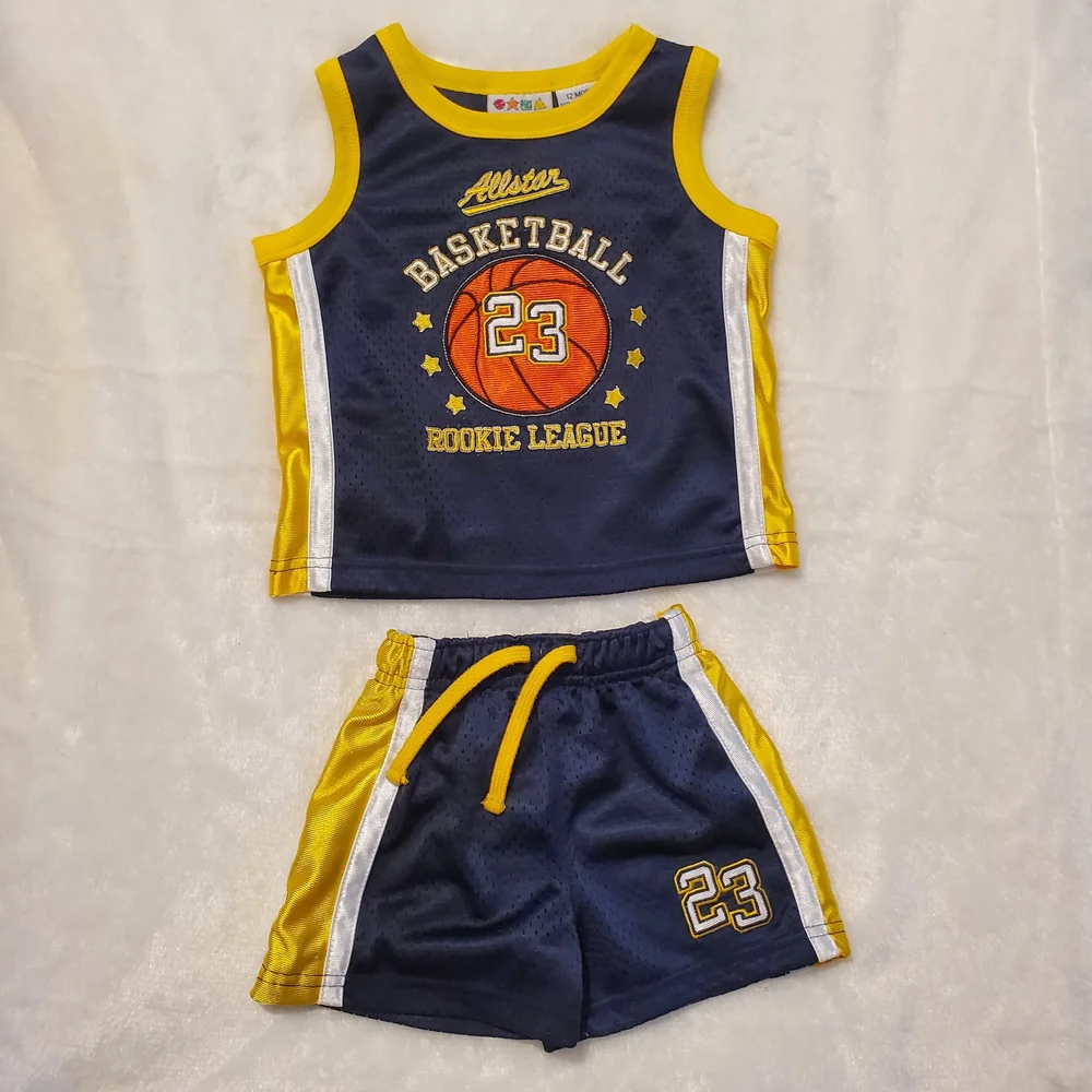 Kids Basketball Tank Top and Shorts Set - Navy and Yellow #23 - Picture 1 of 4